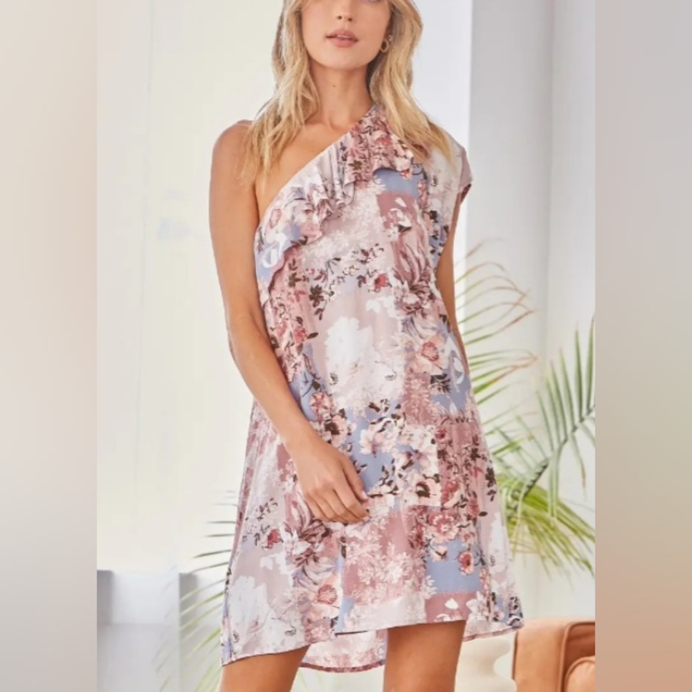 Andree by Unit One Shoulder Shift Dress with Ruffle Detail Size L